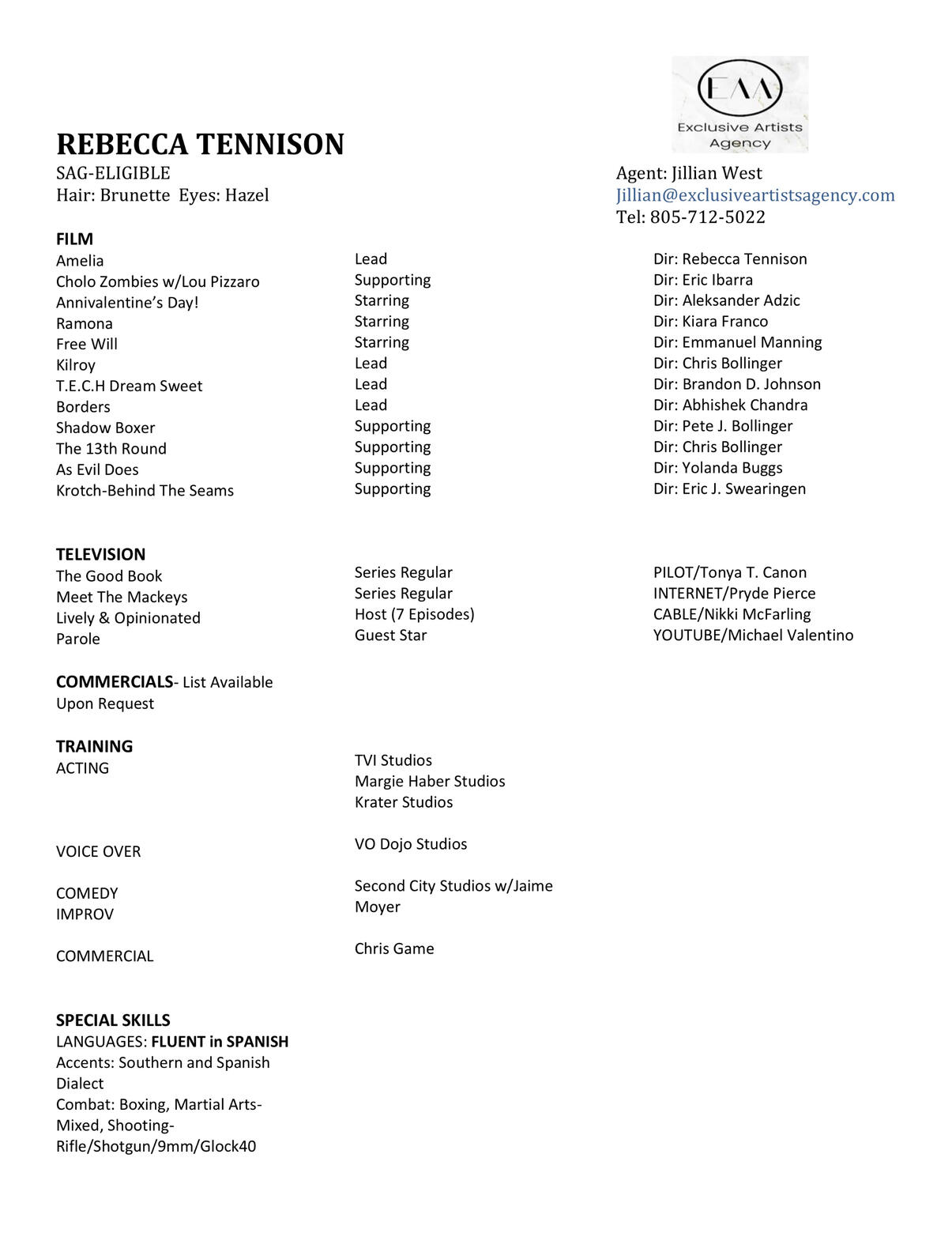 Rebecca Tennison acting resume